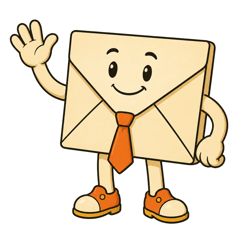 The Envelope Method mascot, a smiling envelope in a tangerine tie, waving hello